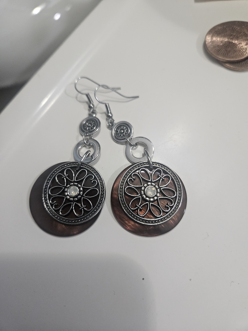 Bohemian Silver-Tone and Brown Dangle Earrings with Filigree Medallions